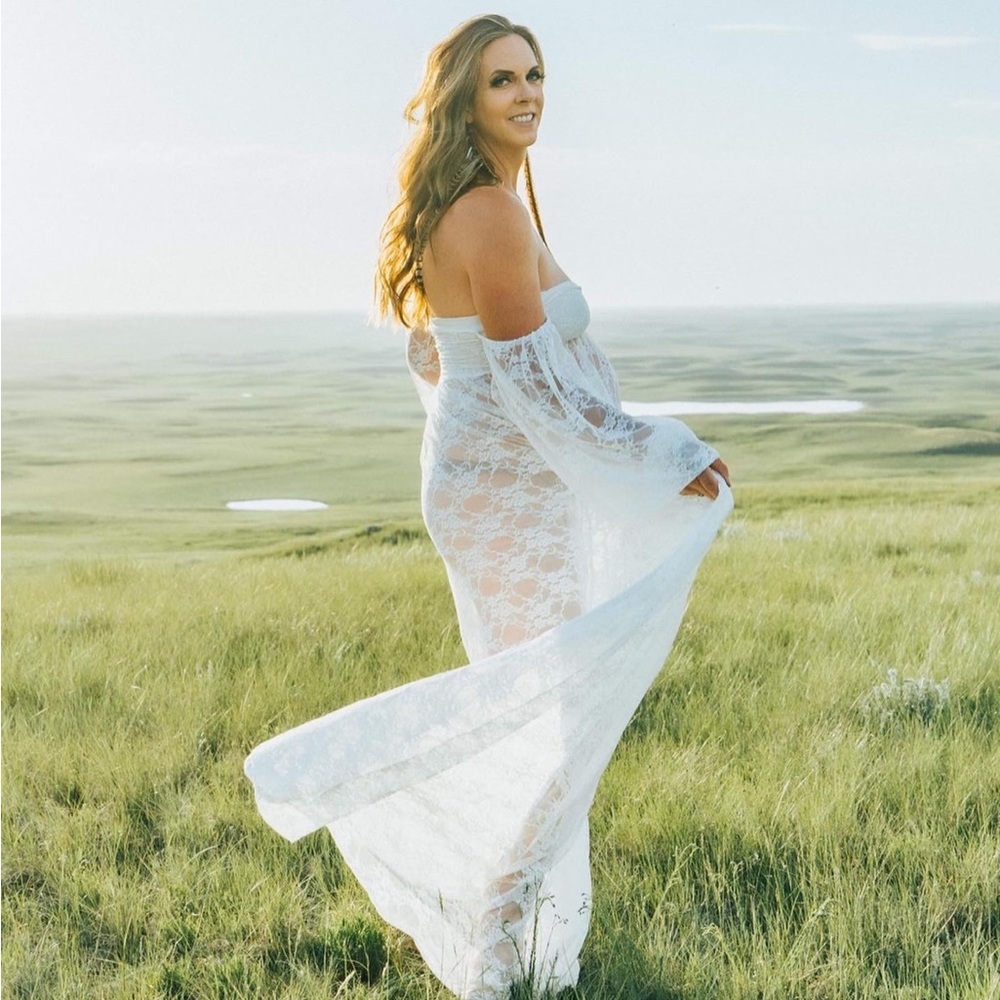 White sheer lace maternity maxi dress.